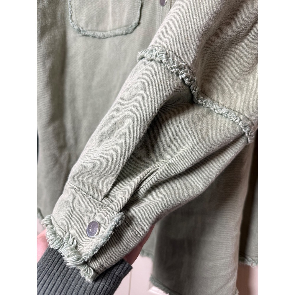 Blue B Collection Sage Green Smiley Face Butterfly Frayed Denim‎ Shacket   M - Picture 5 of 10